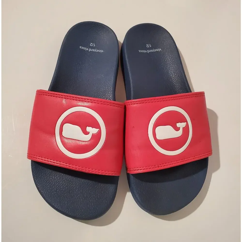 Vineyard Vines Kids Whale Dot Pool Slides Slip On Sandals Size 12 Red/Coral